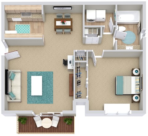 Floor plan for 1 bed, 1 bath, 733 sqft